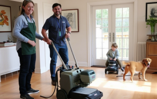 Two people standing in a bright room with a vacuum cleaner, while a child sits with another vacuum and a dog watches nearby. Dust Free Floor Sanding