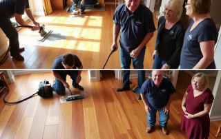 Workers are refinishing hardwood floors in a bright living room, showcasing the beauty of the polished wooden surface. Best Wood Floor Restoration Company