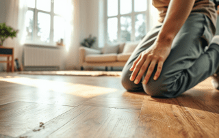 A person kneels on a hardwood floor, inspecting it closely in a sunlit living room with plants and a couch in the background.