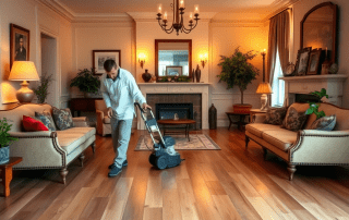 A person operates a vacuum cleaner in a warmly lit living room with elegant furnishings, wooden floors, and decorative plants.